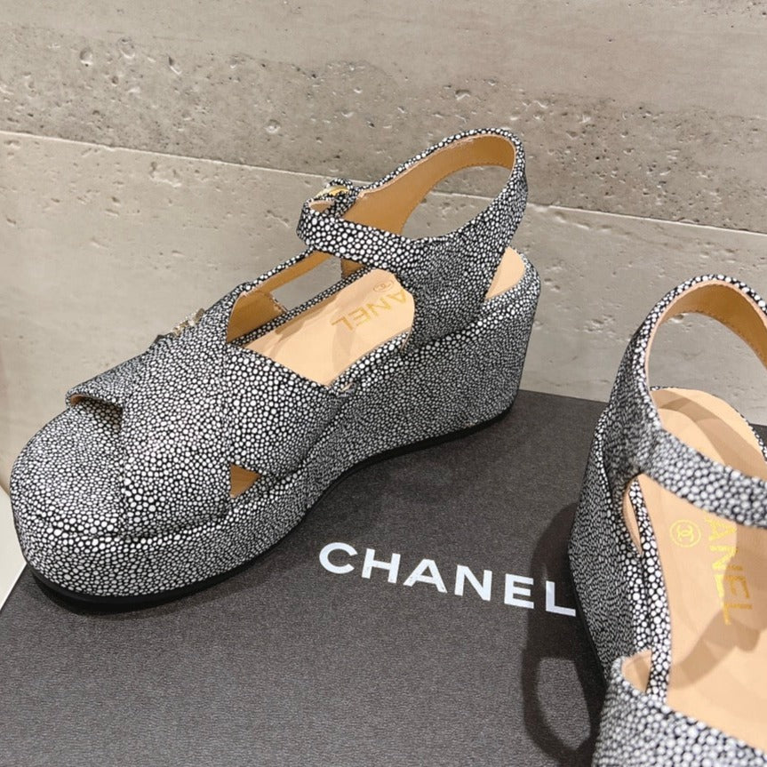 Wedge Open-Toe High Heel Sandals Slate Gray Sheepskin