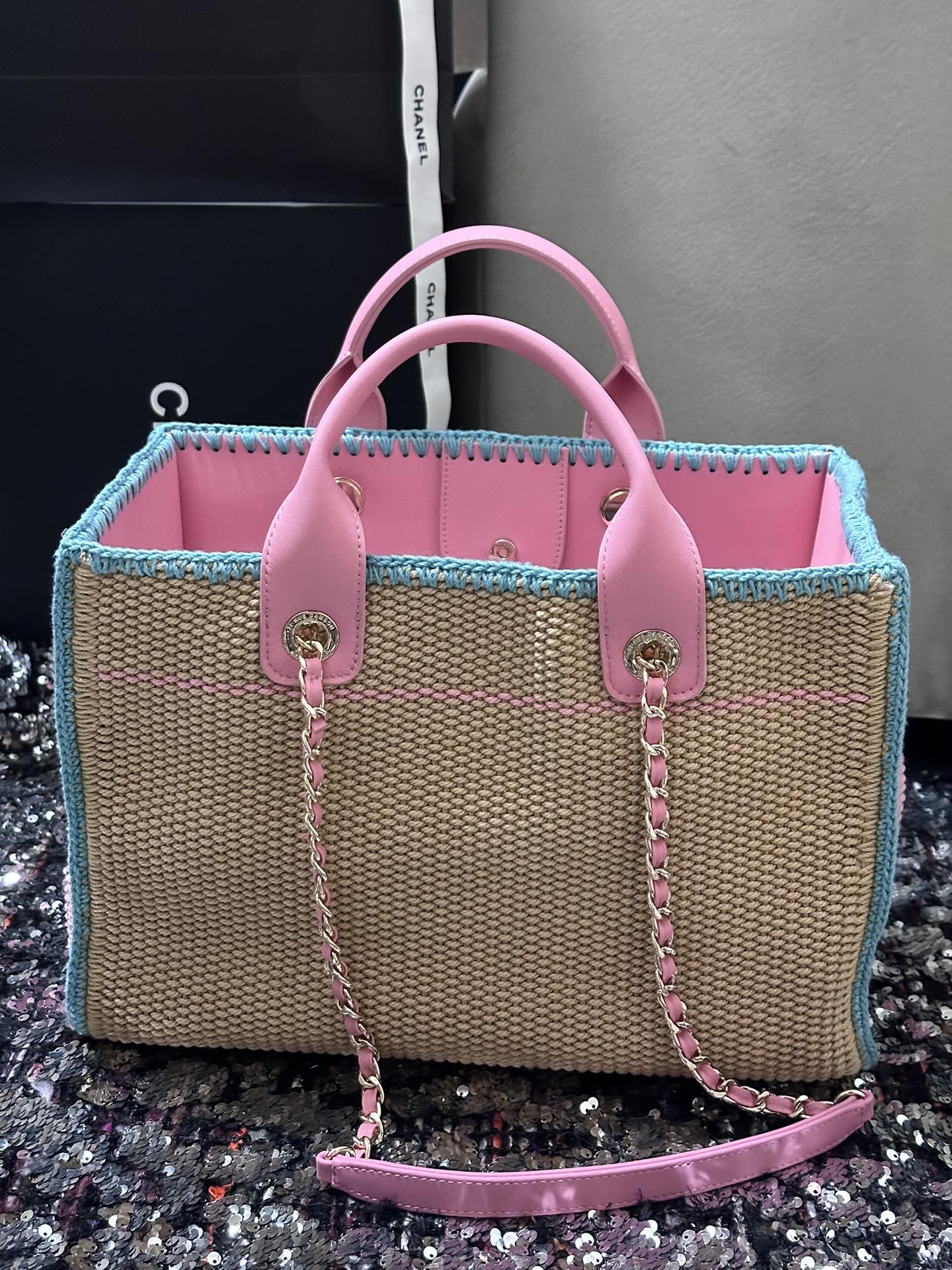 CC Deauville Tote Bag 32cm Beige Blue Pink Cotton Crochet Leather Handle