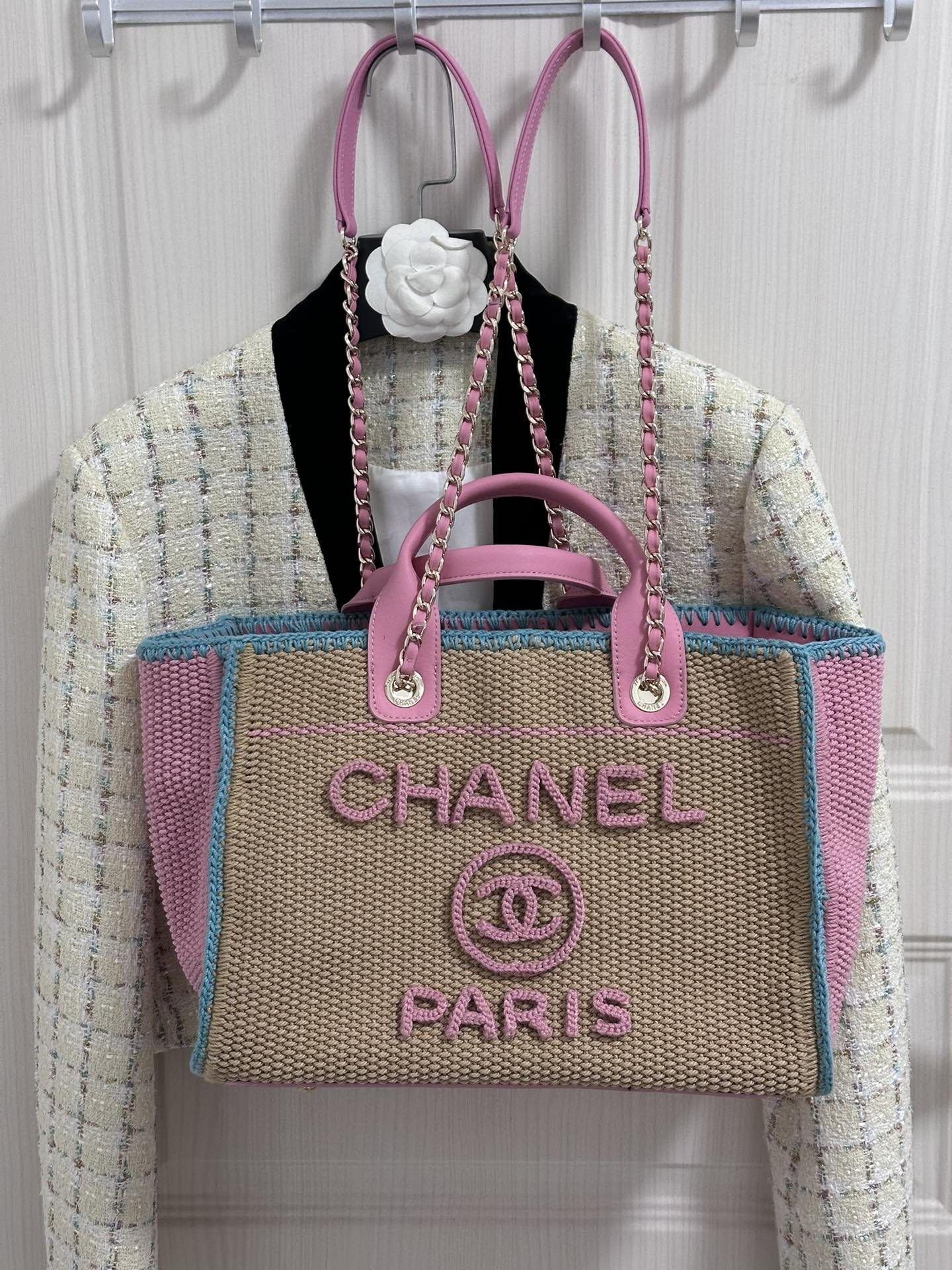 CC Deauville Tote Bag 32cm Beige Blue Pink Cotton Crochet Leather Handle