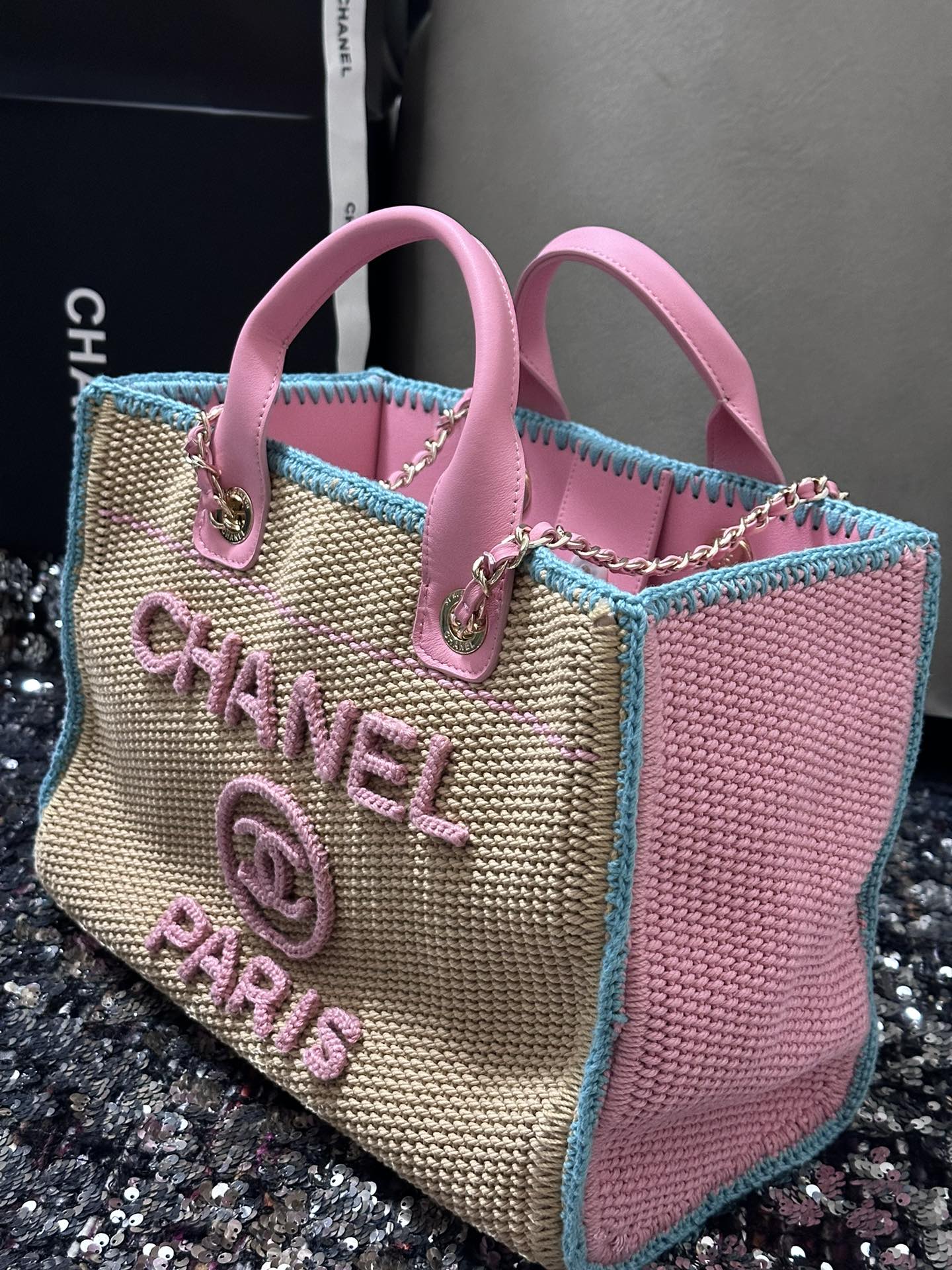 CC Deauville Tote Bag 32cm Beige Blue Pink Cotton Crochet Leather Handle