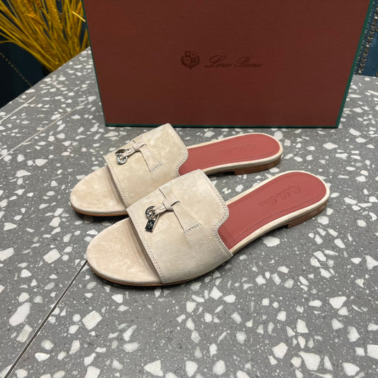 Summer Charms Sandals in Light Taupe Suede Maroon Lambskin