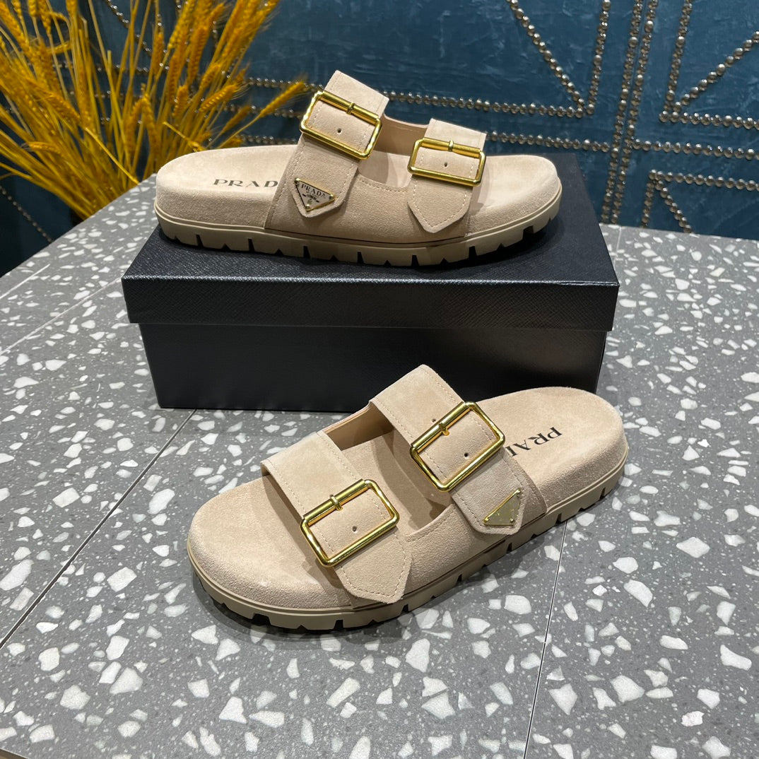 PRA STRAP SLIDES SANDALS BEIGE SUEDE