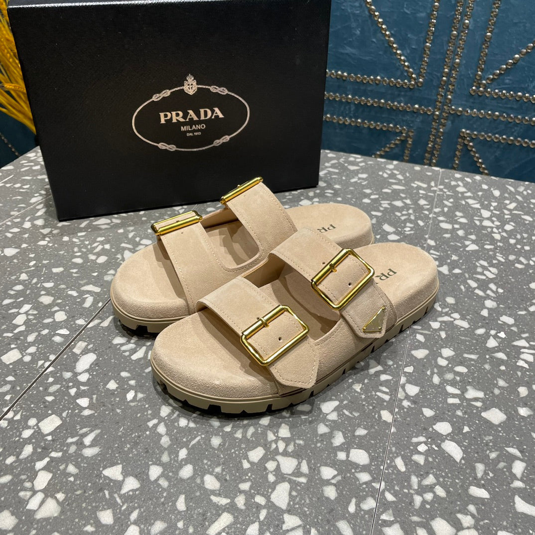 PRA STRAP SLIDES SANDALS BEIGE SUEDE