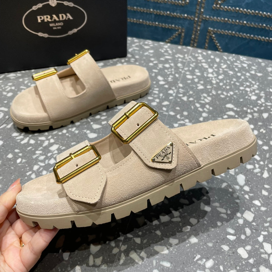 PRA STRAP SLIDES SANDALS BEIGE SUEDE