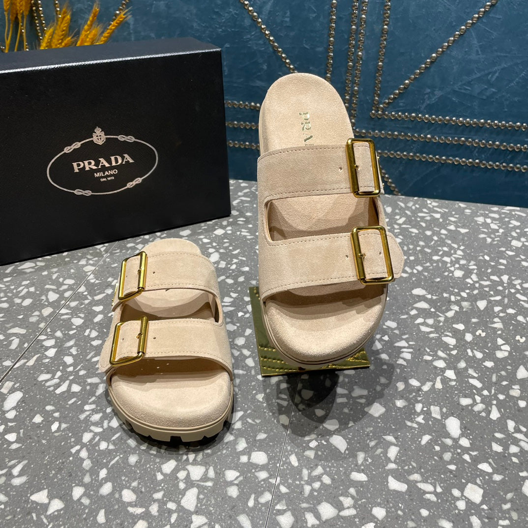 PRA STRAP SLIDES SANDALS BEIGE SUEDE