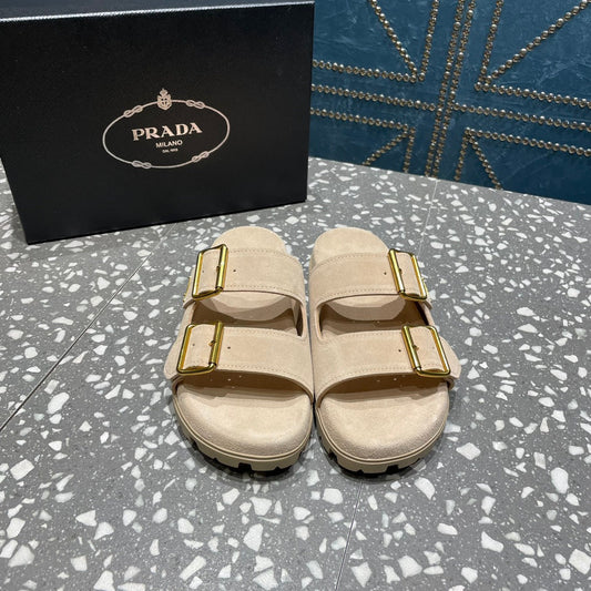 PRA STRAP SLIDES SANDALS BEIGE SUEDE