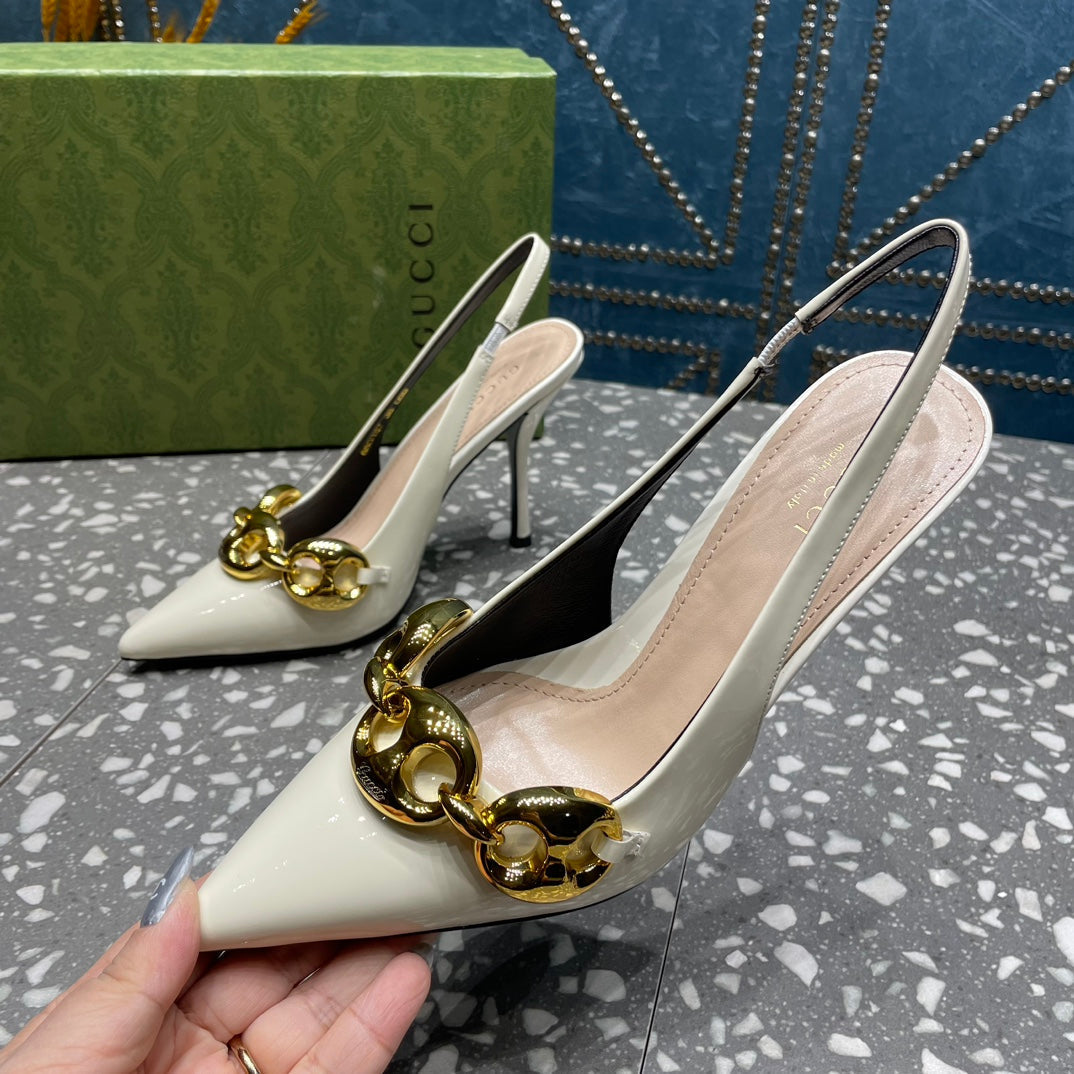 WOMEN'S SLINGBACK 10.5 CM IN WHITE CALFSKIN WITH GOLD HARDWARE