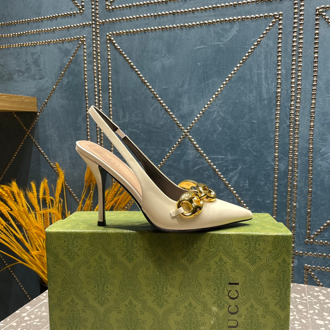 WOMEN'S SLINGBACK 10.5 CM IN WHITE CALFSKIN WITH GOLD HARDWARE