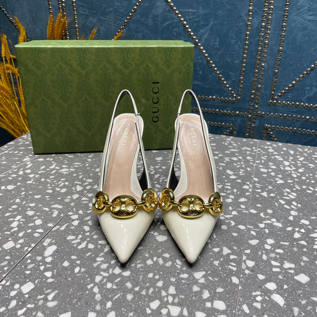 WOMEN'S SLINGBACK 10.5 CM IN WHITE CALFSKIN WITH GOLD HARDWARE