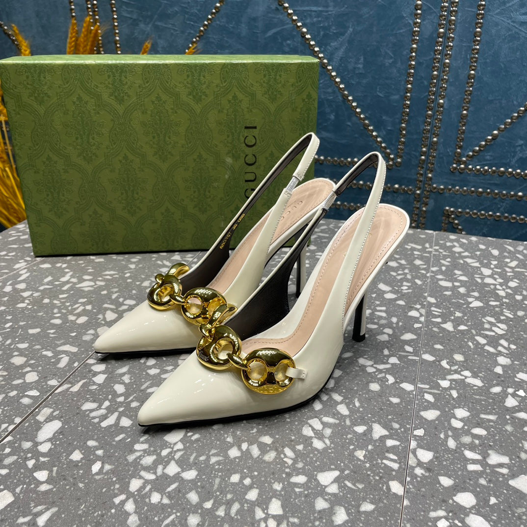 WOMEN'S SLINGBACK 10.5 CM IN WHITE CALFSKIN WITH GOLD HARDWARE