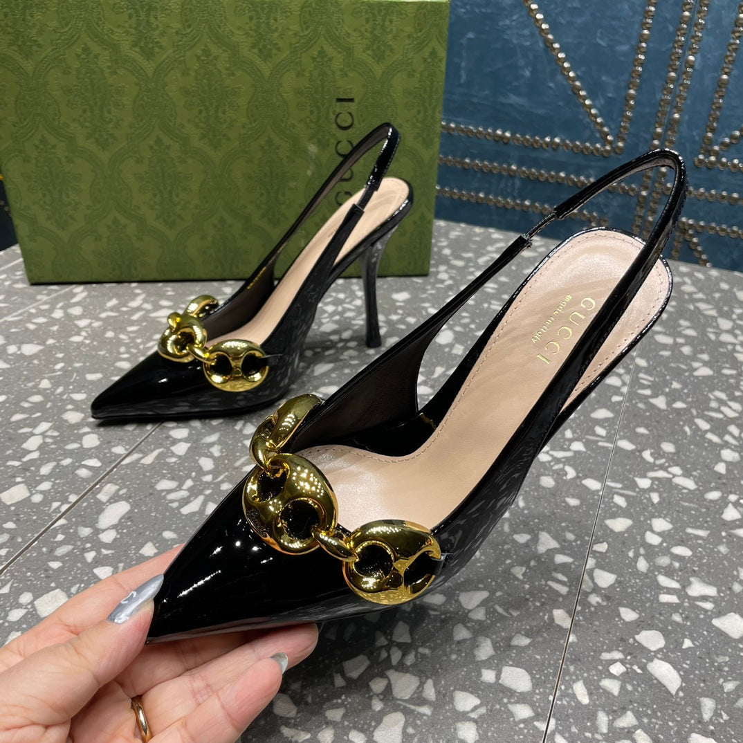 WOMEN'S SLINGBACK 10.5 CM IN BLACK CALFSKIN WITH GOLD HARDWARE