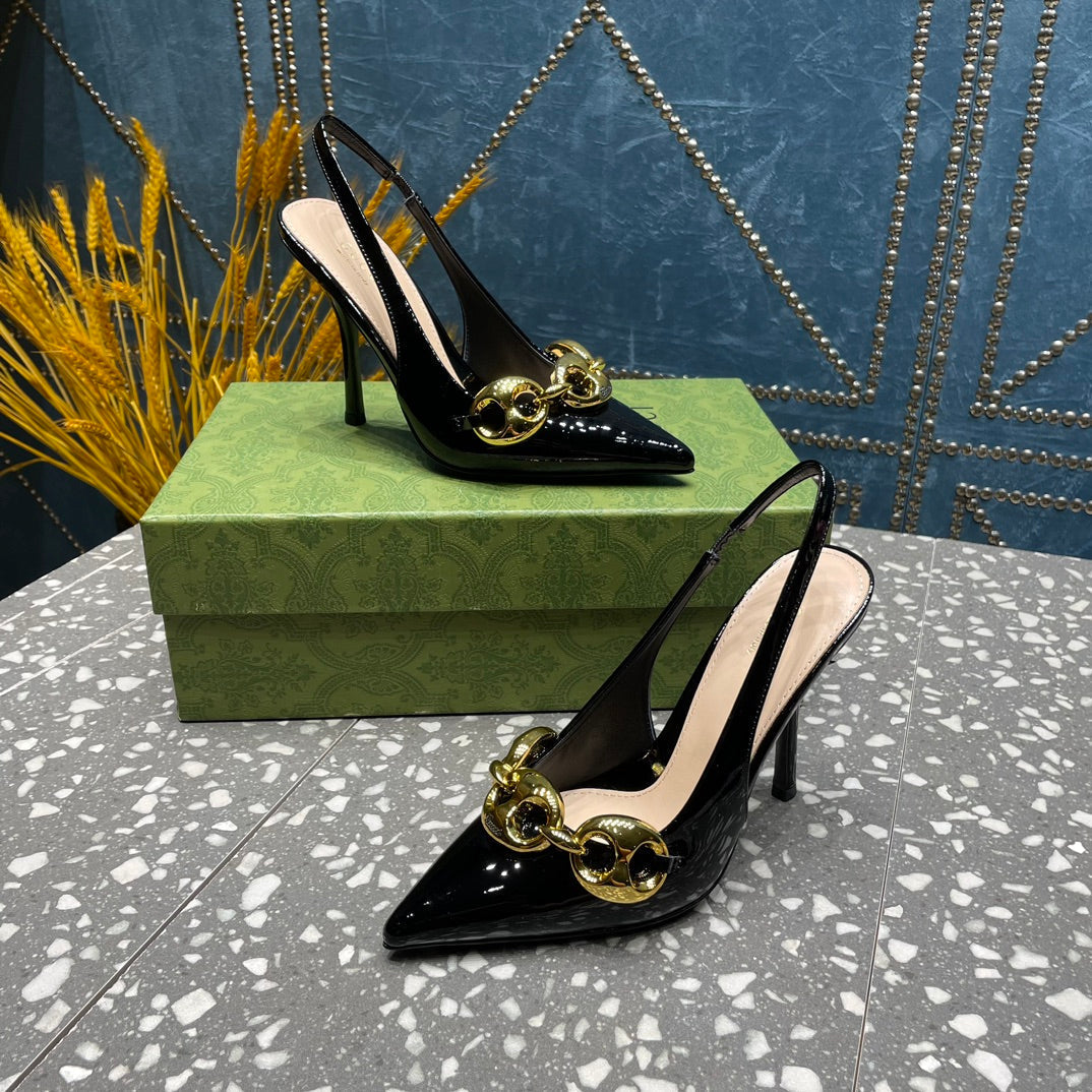 WOMEN'S SLINGBACK 10.5 CM IN BLACK CALFSKIN WITH GOLD HARDWARE