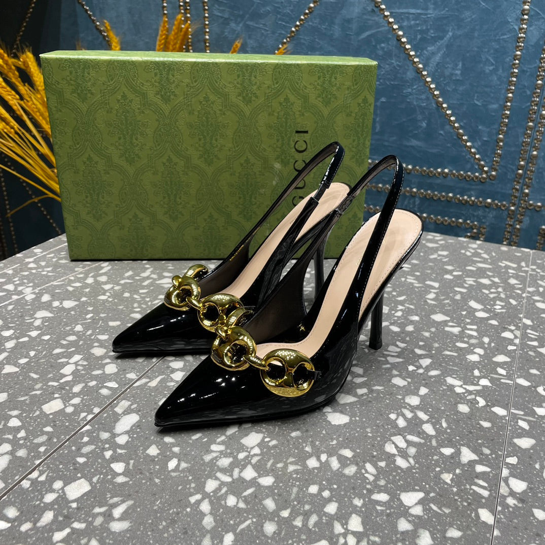 WOMEN'S SLINGBACK 10.5 CM IN BLACK CALFSKIN WITH GOLD HARDWARE