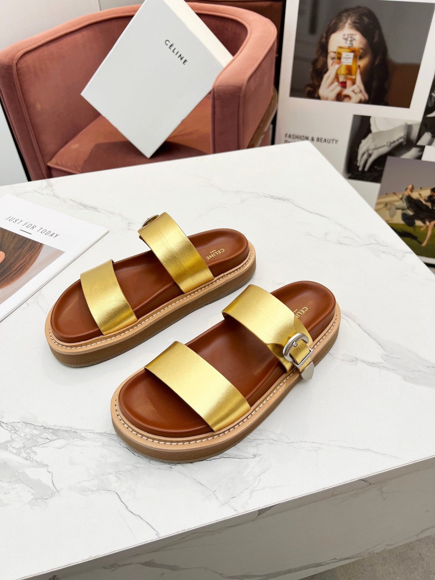 TWO-STRAP SANDALS IN GOLD CALFSKIN