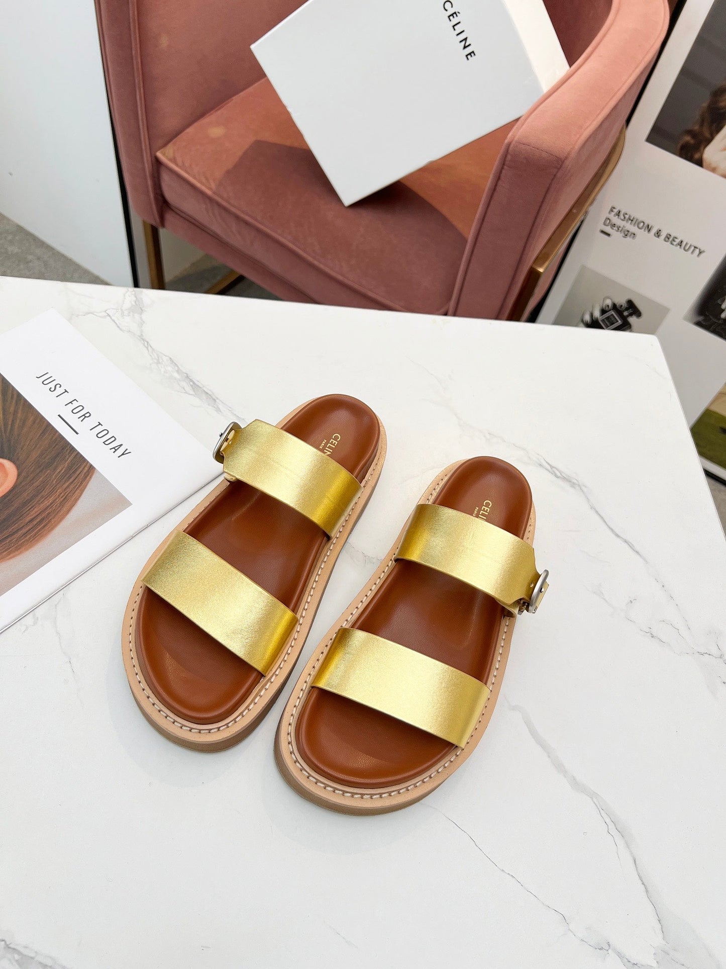 TWO-STRAP SANDALS IN GOLD CALFSKIN