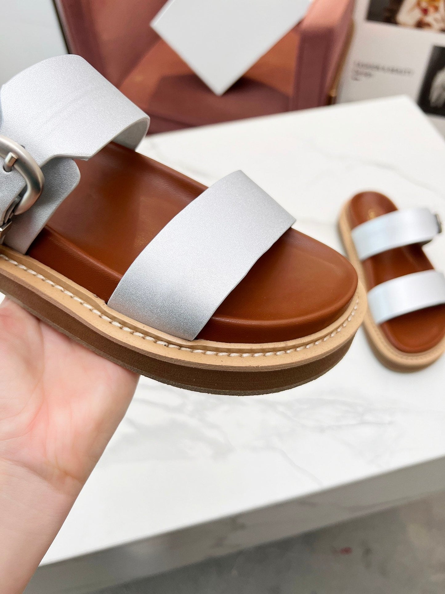 TWO-STRAP SANDALS IN SILVER CALFSKIN