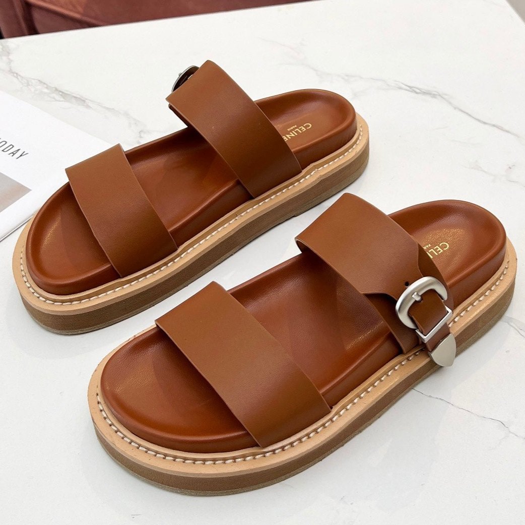 TWO-STRAP SANDALS IN BRONZE BROWN CALFSKIN