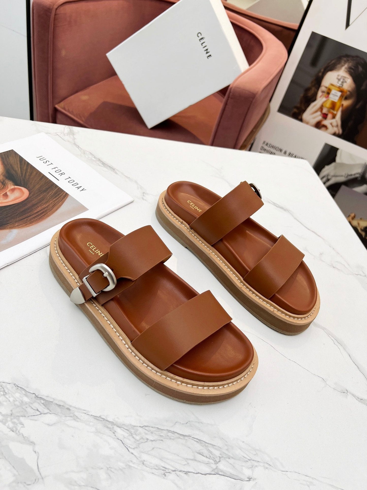 TWO-STRAP SANDALS IN BRONZE BROWN CALFSKIN