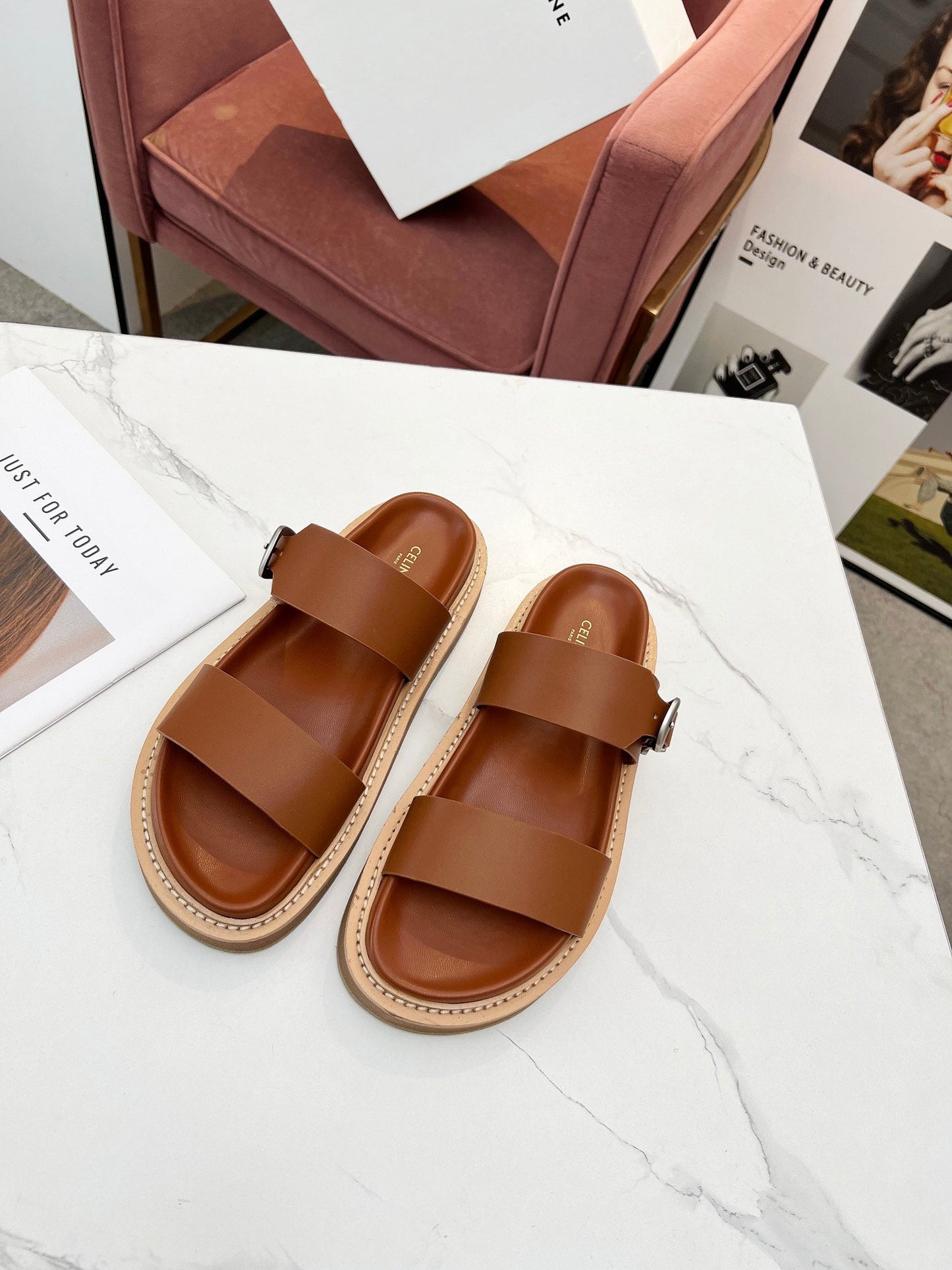 TWO-STRAP SANDALS IN BRONZE BROWN CALFSKIN