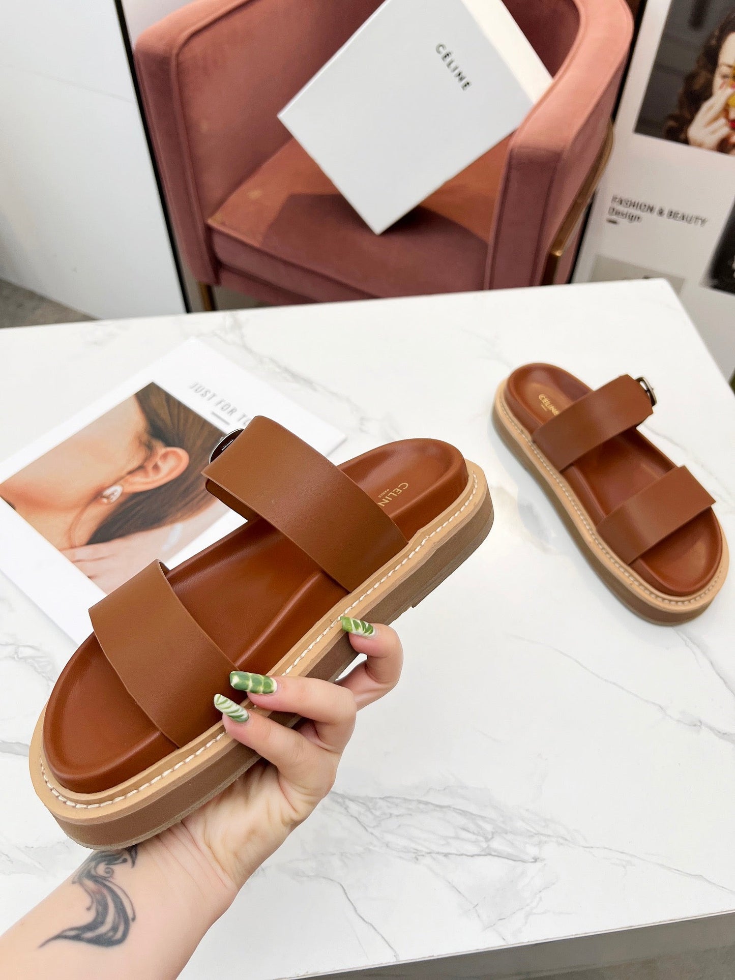 TWO-STRAP SANDALS IN BRONZE BROWN CALFSKIN