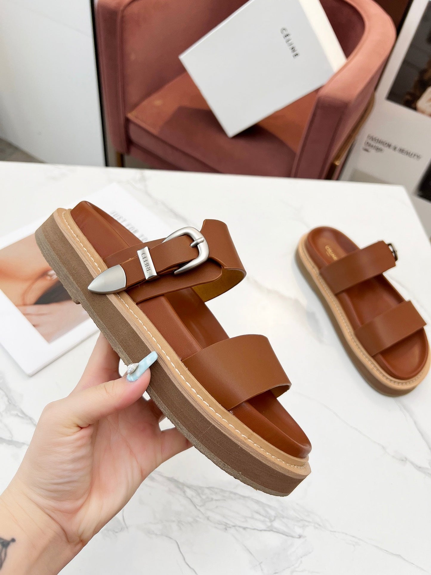 TWO-STRAP SANDALS IN BRONZE BROWN CALFSKIN