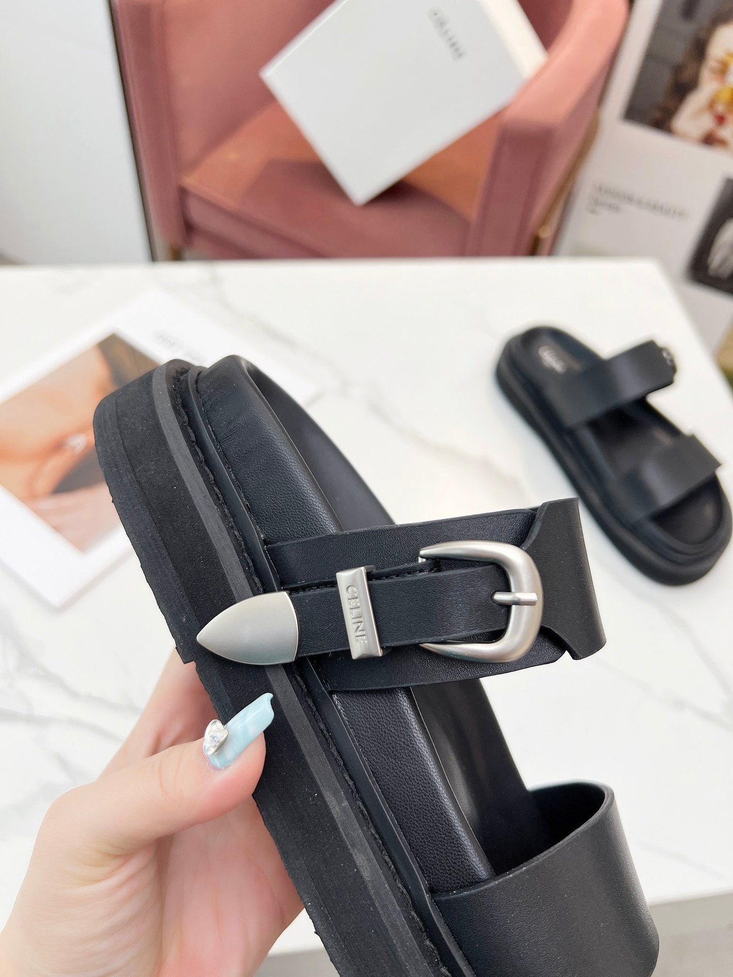 TWO-STRAP SANDALS IN BLACK CALFSKIN