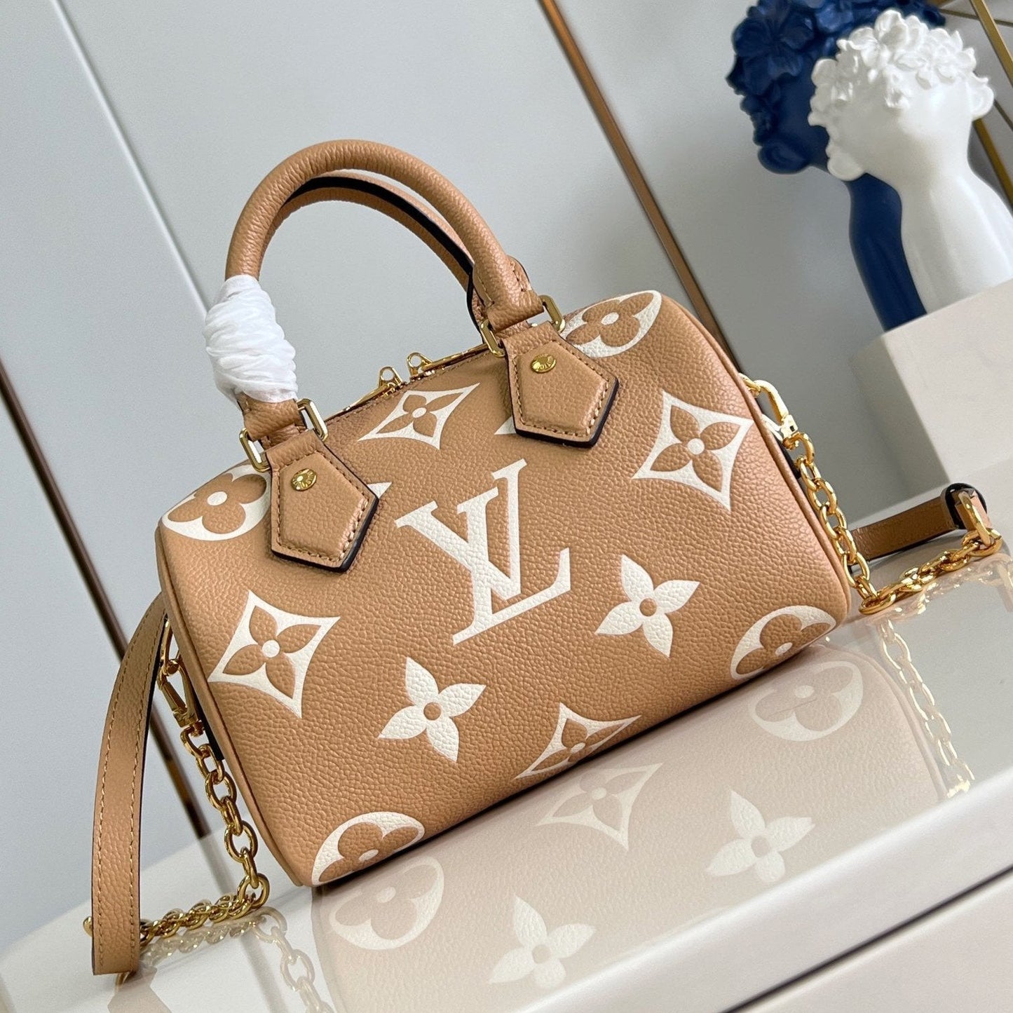 Speedy Bandouliere 20 Brown White Monogram Empreinte Calfskin