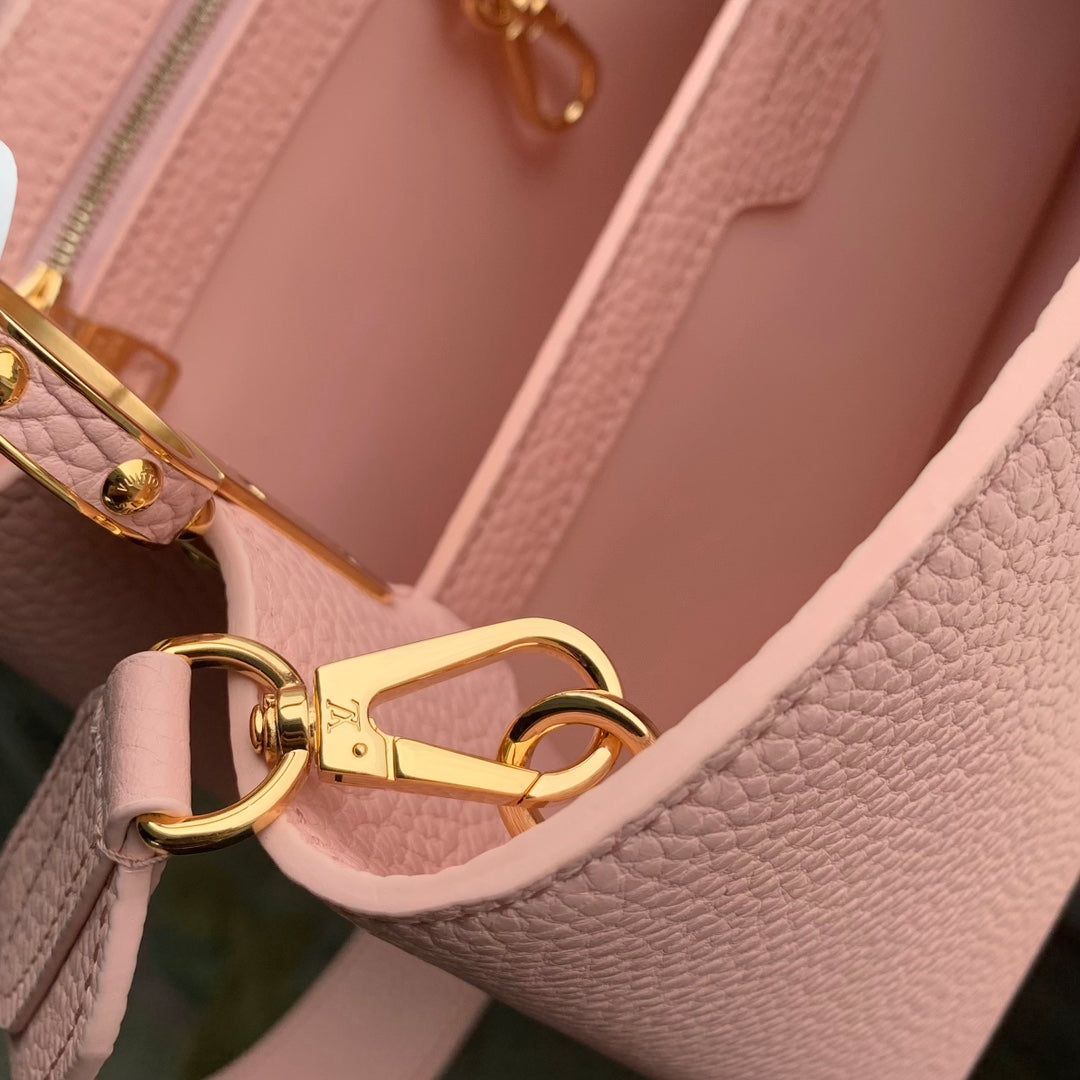 capucines mm 31.5 rose pink taurillon leather gold hardware