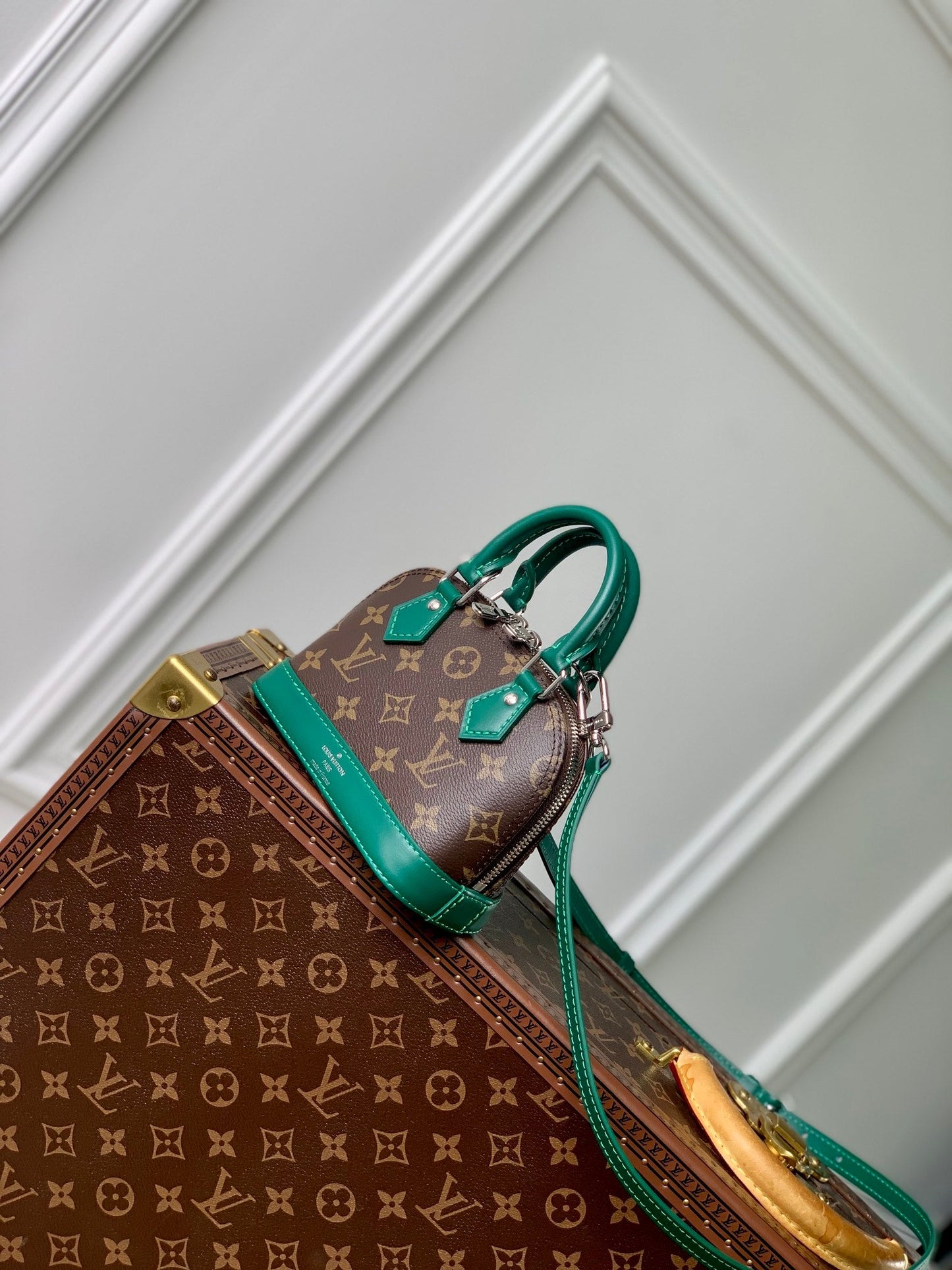 alma nano 18 monogram canvas dark green calfskin