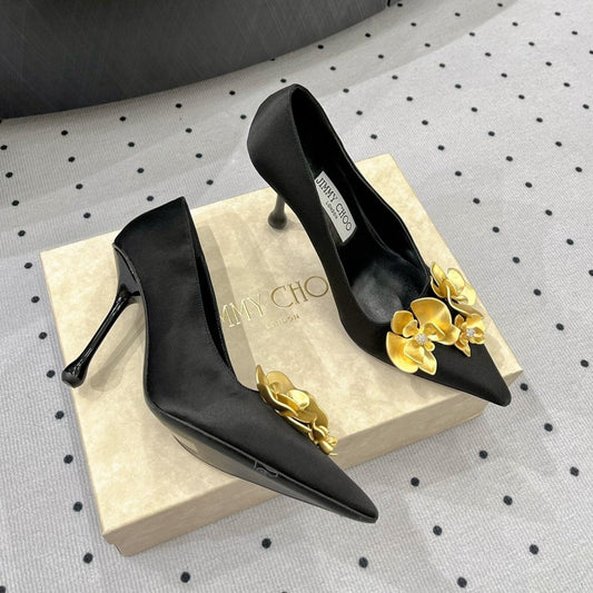 Jimmy Ixia 95 In Black Cowhide Pumps With Flowers  591587