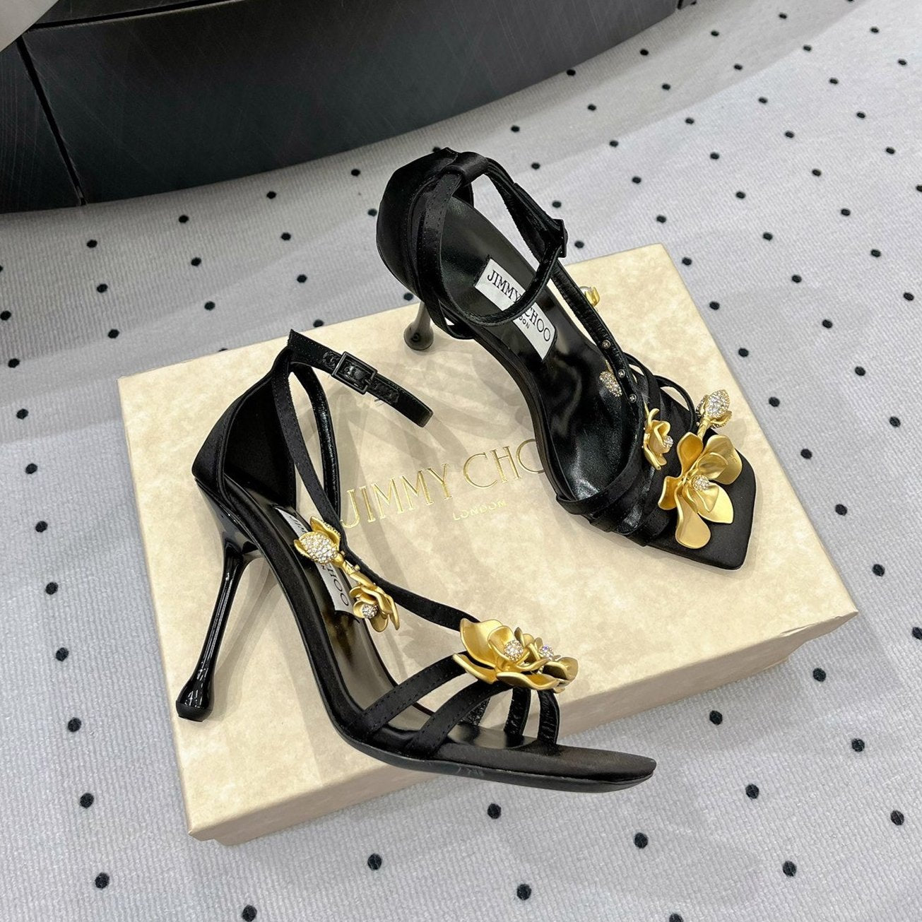 Jimmy Zea 95 In Black Cowhide Sandals With Metal Flowers 591586