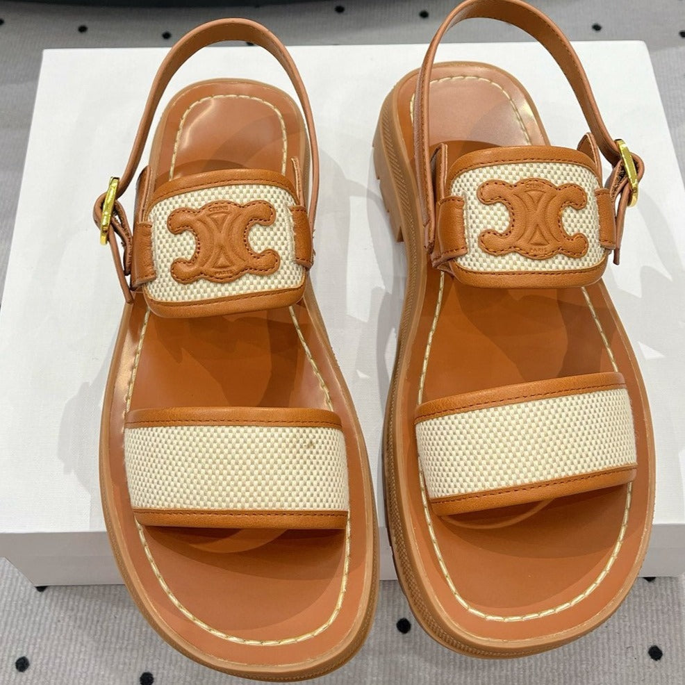 SANDALS FLAT SHOES WHITE CARAMEL BROWN