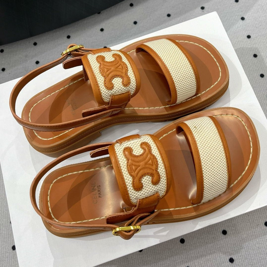 SANDALS FLAT SHOES WHITE CARAMEL BROWN