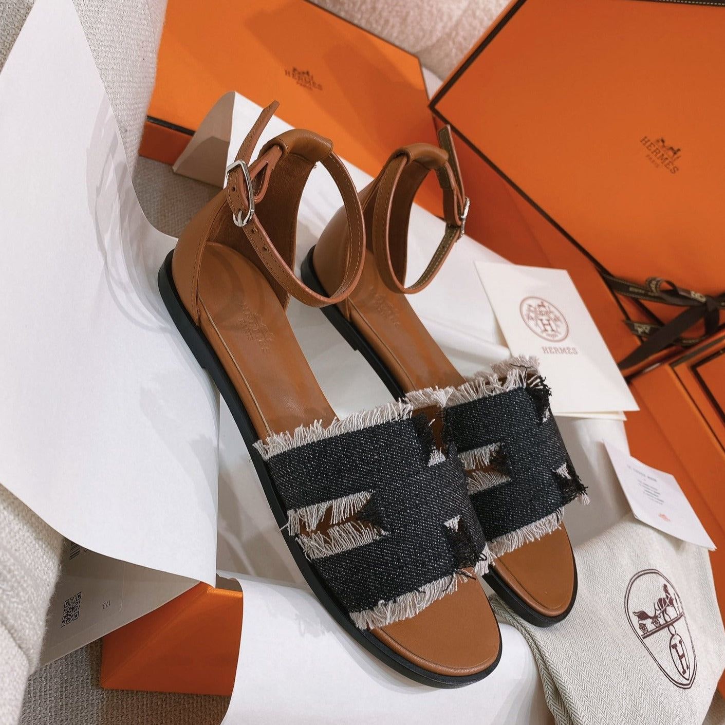 santorini sandal black denim brown calfskin