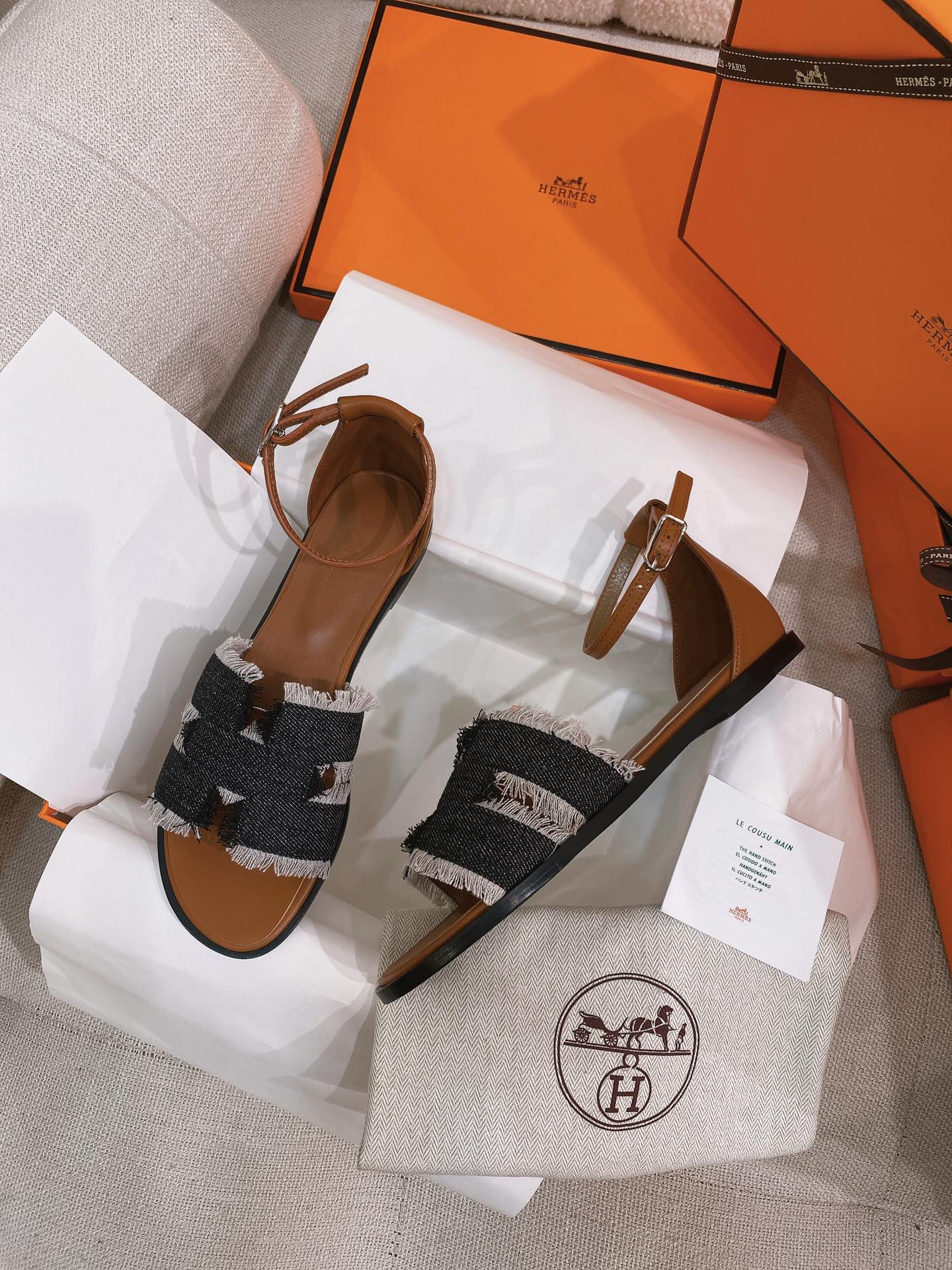 santorini sandal black denim brown calfskin