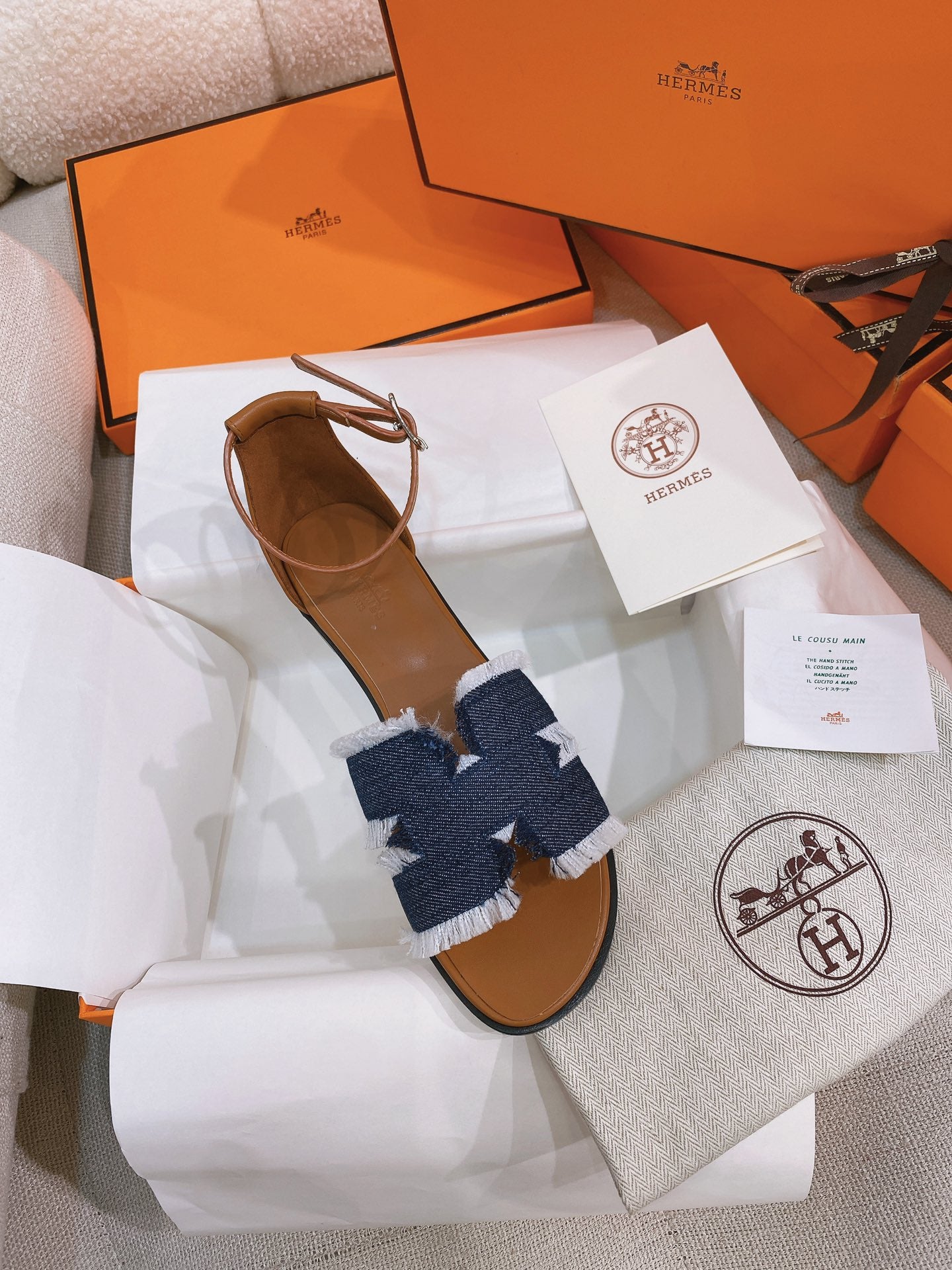 santorini sandal dark blue denim brown calfskin