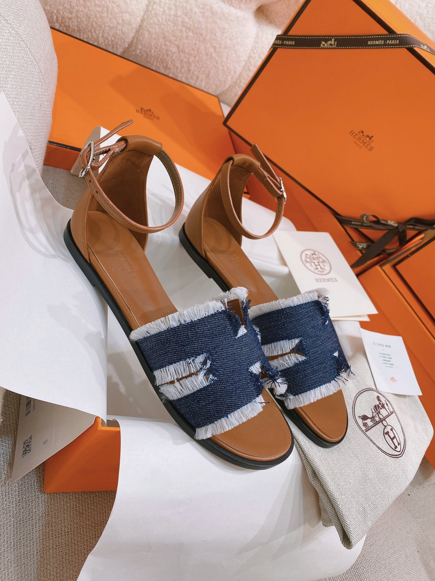 santorini sandal dark blue denim brown calfskin