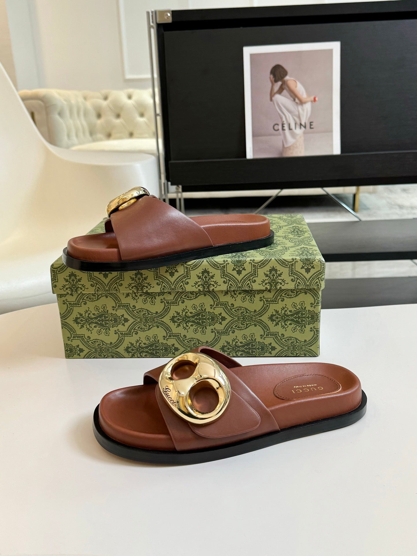 WOMEN'S SLIPPER IN BRONZE BROWN CALFSKIN