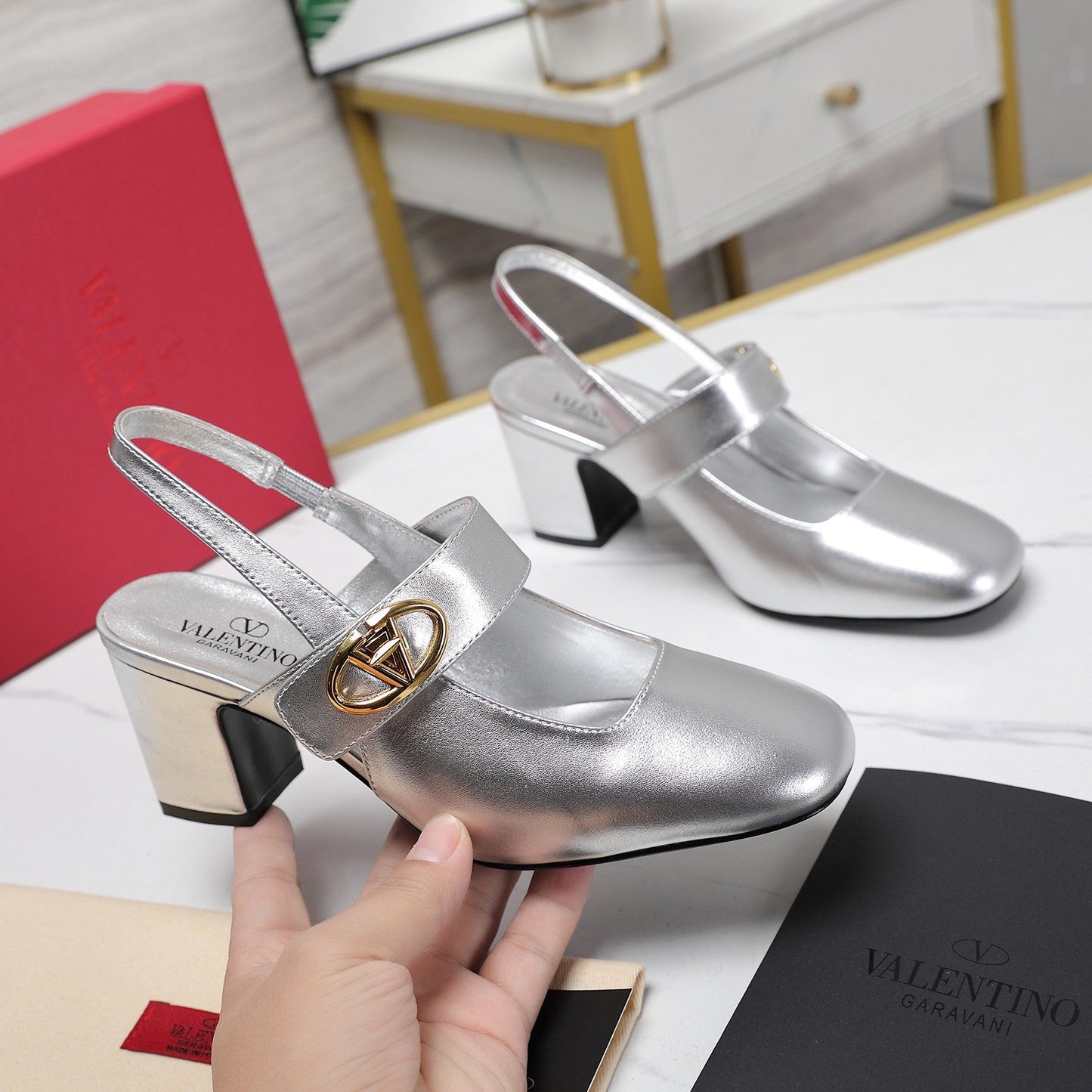 The Bold Edition Vlogo Slingback 65 Deep Mouth Half Drag Heels Silver Calfskin