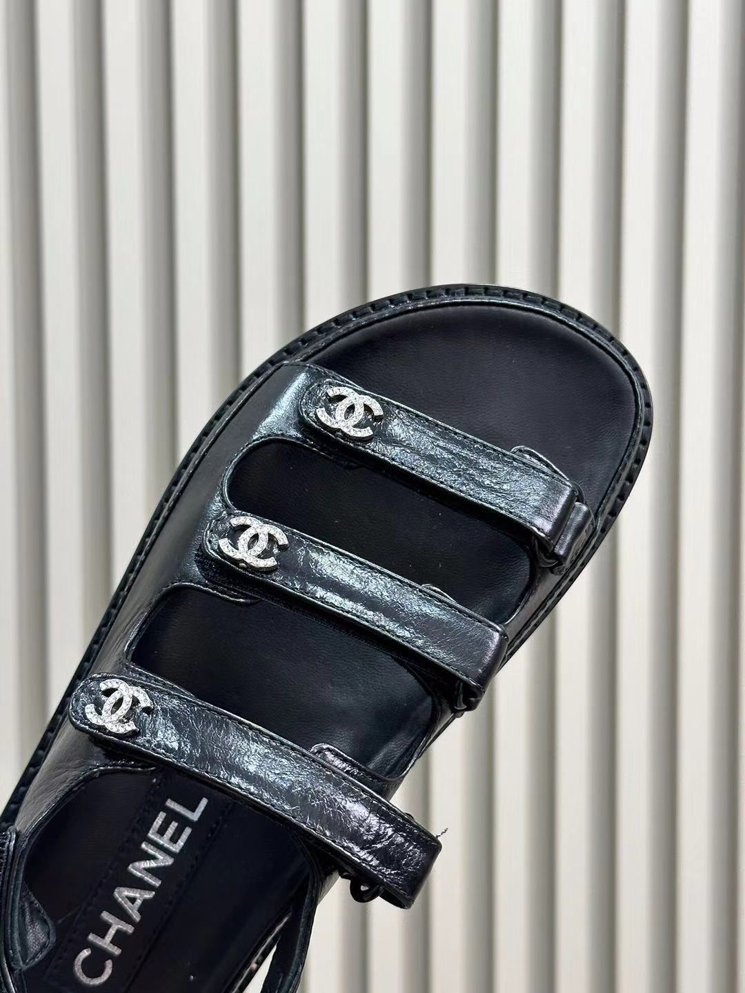 CC DAD SANDALS THREE STRAP BLACK LAMBSKIN