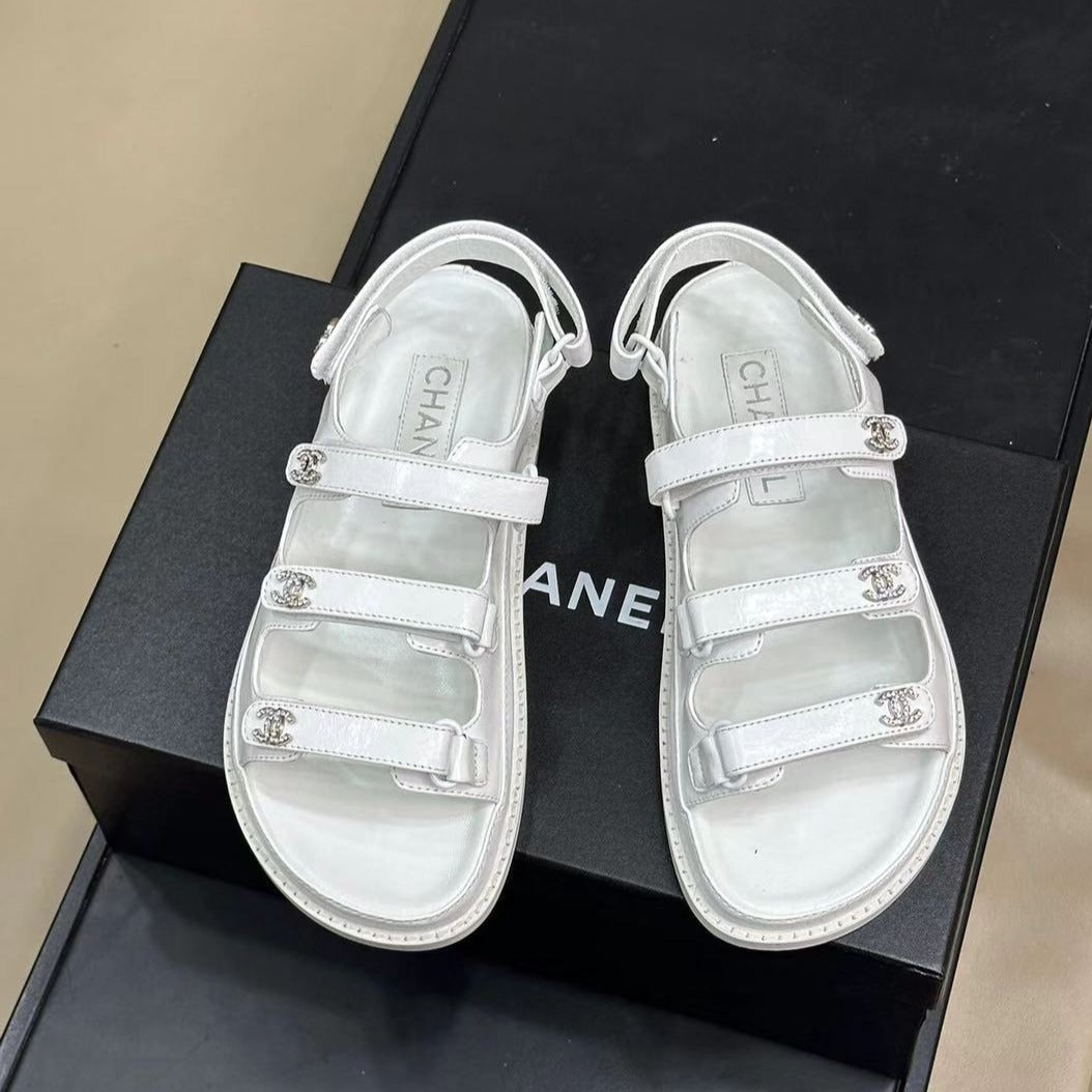 CC DAD SANDALS THREE STRAP  WHITE LAMBSKIN