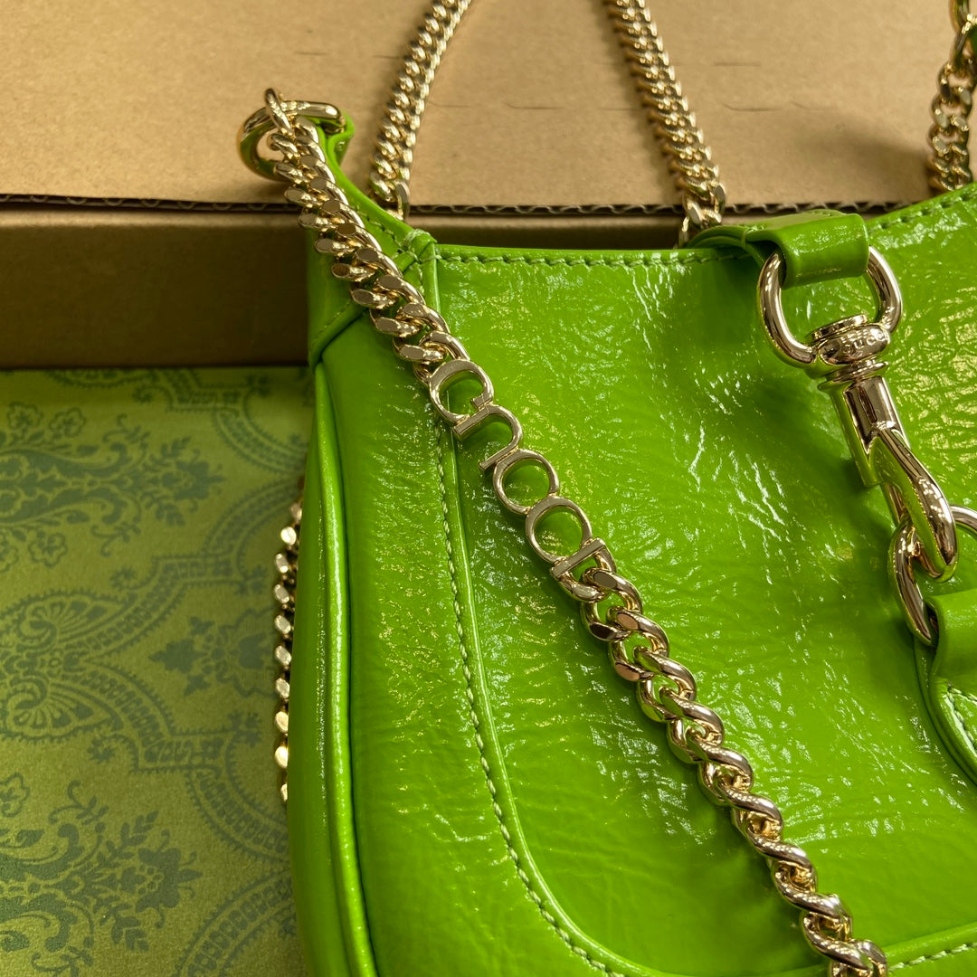 JACKIE NOTTE MINI BAG 19 IN LIME GREEN CRACKED LACQUER CALFSKIN GOLD HARDWARE