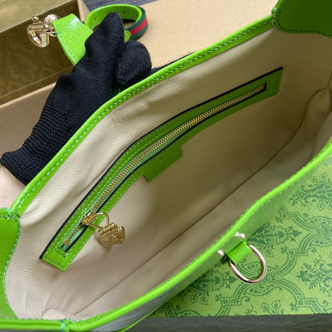 JACKIE SMALL SHOULDER BAG 27 IN LIME GREEN CRACKED LACQUER CALFSKIN GOLD HARDWARE