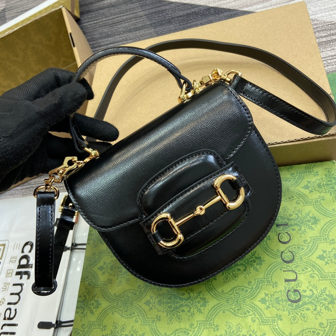 HORSEBIT 1955 MINI TOP HANDLE BAG 18 IN BLACK CALFSKIN GOLD HARDWARE