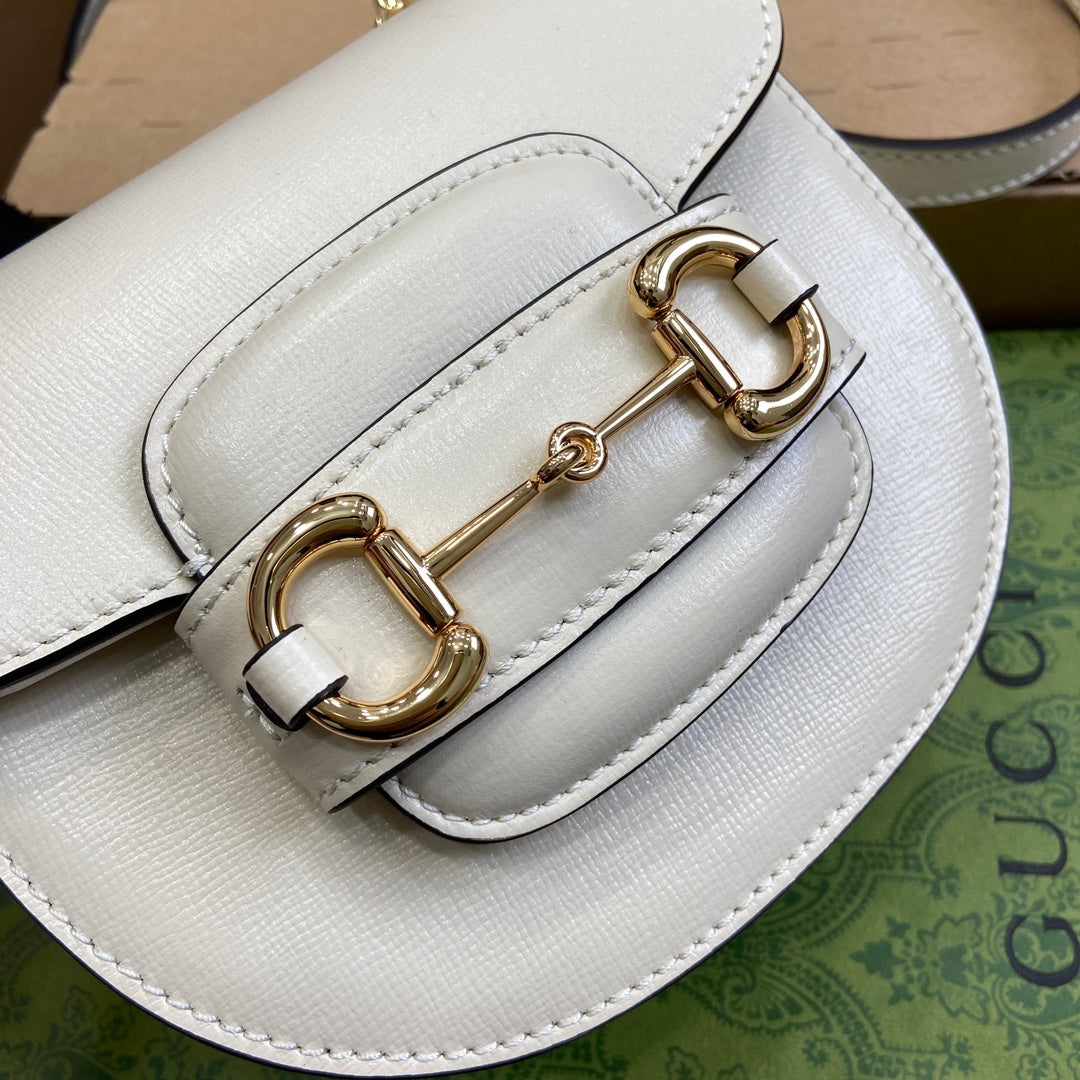 HORSEBIT 1955 MINI TOP HANDLE BAG 18 IN WHITE CALFSKIN GOLD HARDWARE