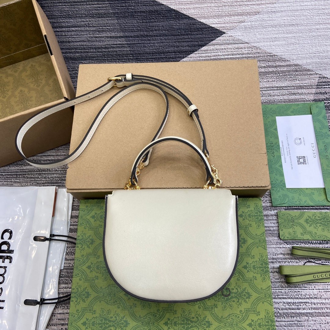 HORSEBIT 1955 MINI TOP HANDLE BAG 18 IN WHITE CALFSKIN GOLD HARDWARE