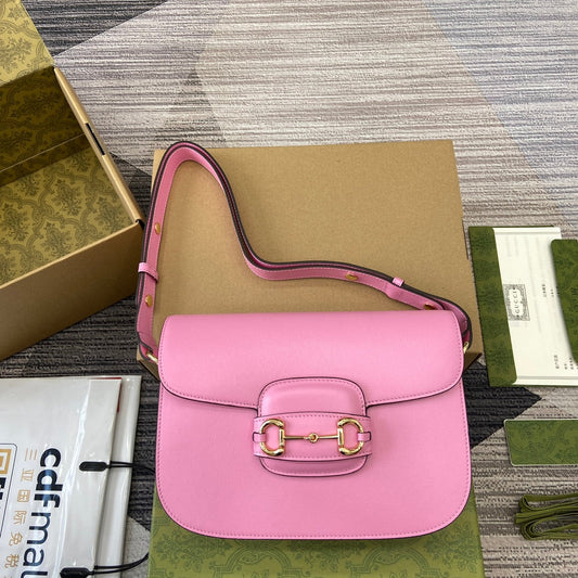 HORSEBIT 1955 SHOULDER BAG 25 IN PINK LAMBSKIN GOLD HARDWARE