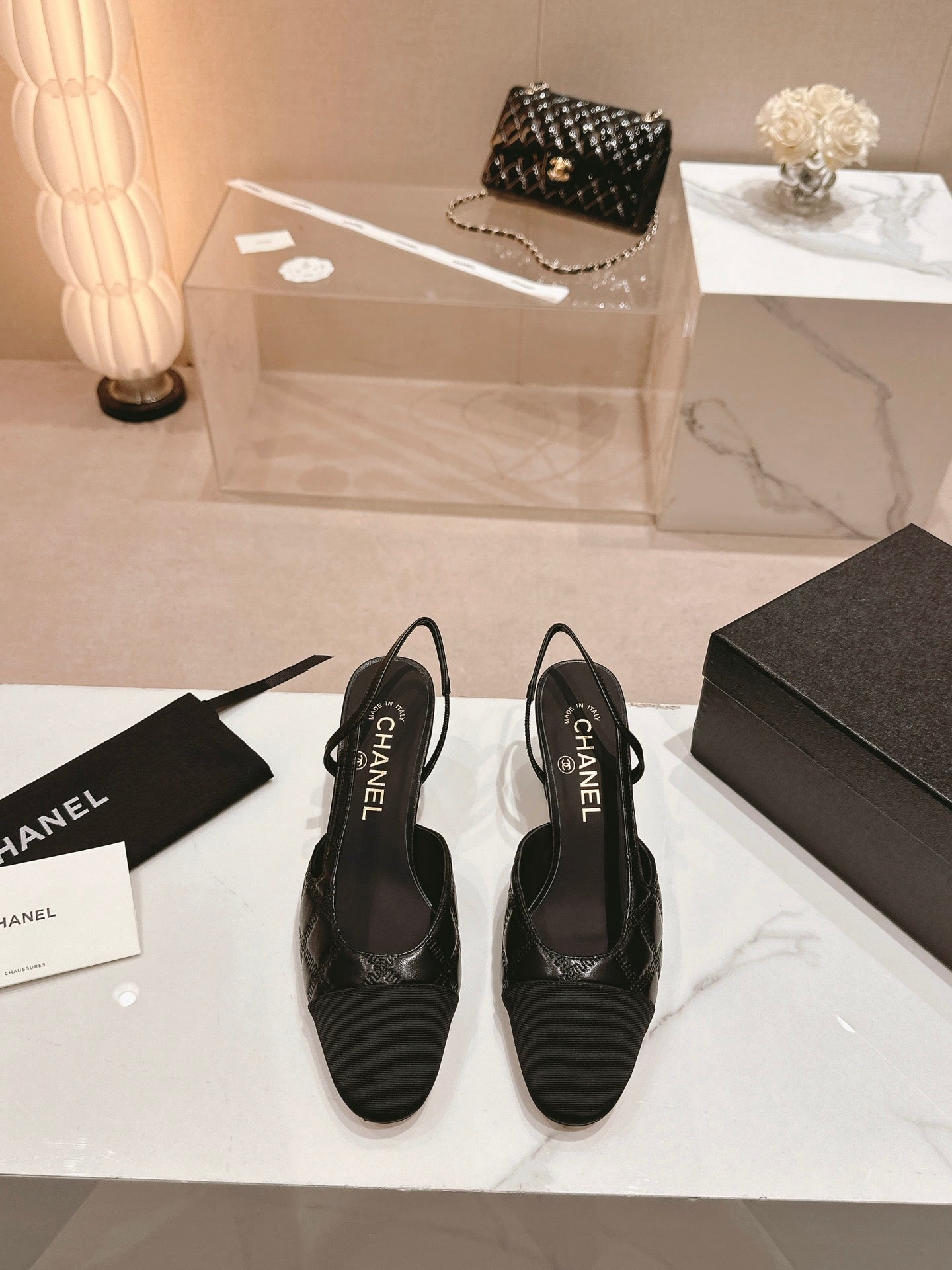 cc slingbacks 55 black lambskin embroidery grosgrain