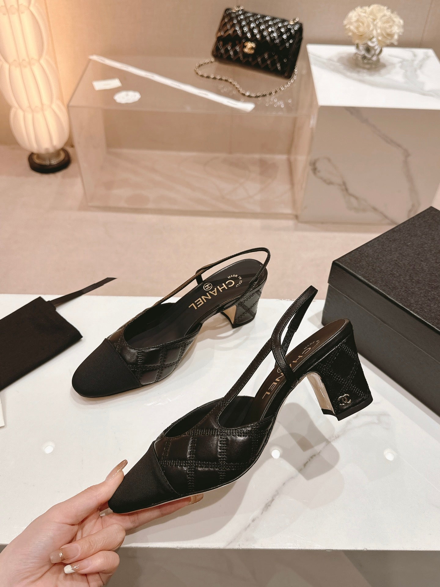 cc slingbacks 55 black lambskin embroidery grosgrain