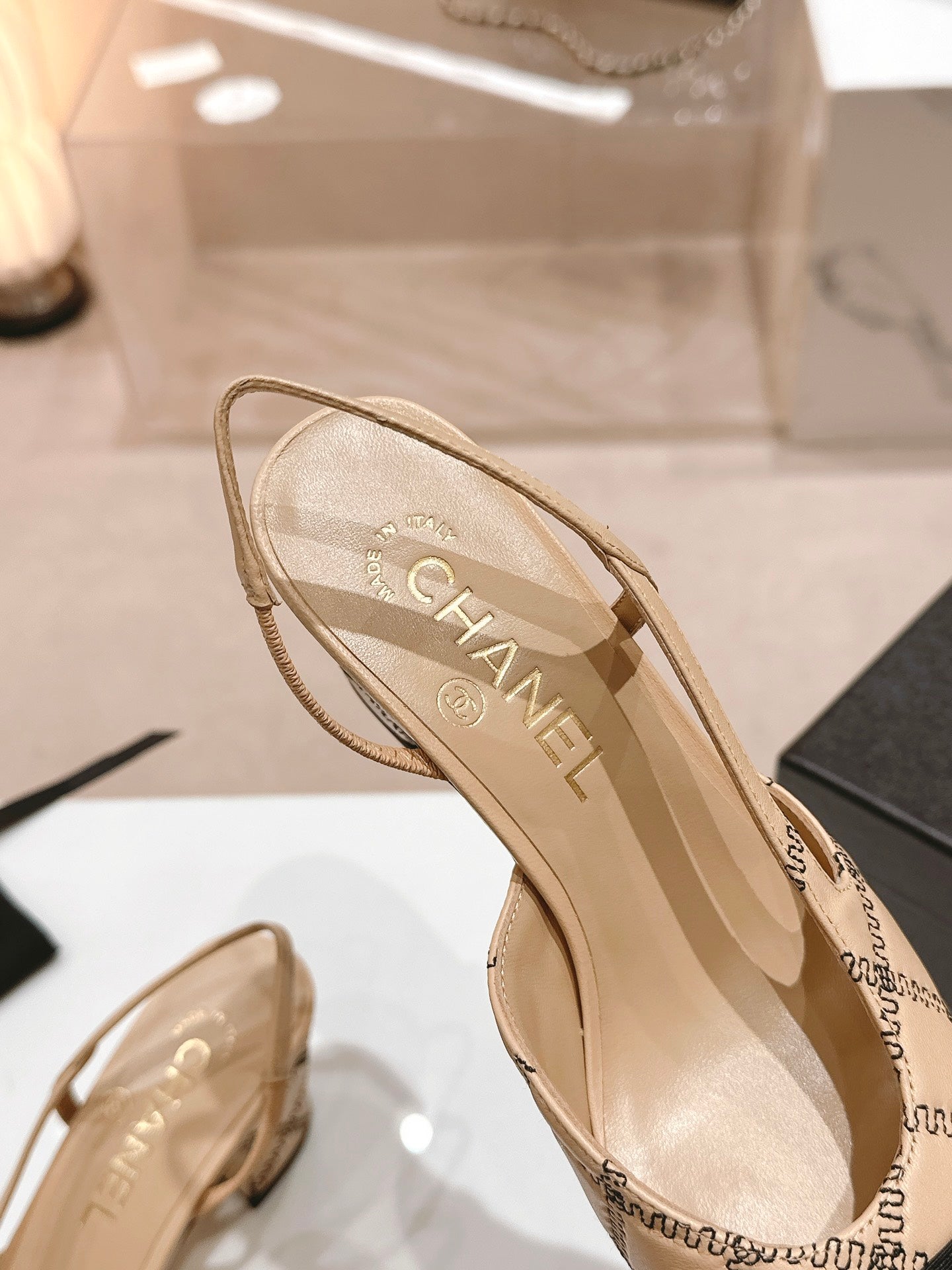 cc slingbacks 55 beige lambskin embroidery grosgrain